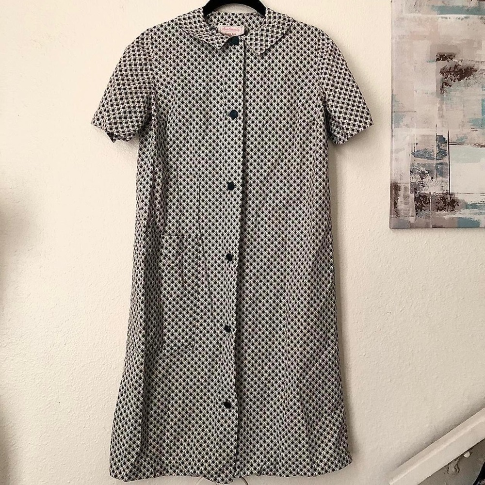 80s Vintage mini school girl plaid gingham uniform pinafore button shirt dress
